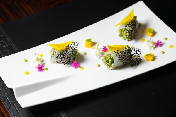 Sea bass carpaccio with green beans salad, ‘mimosa’ style and wasabi dressing